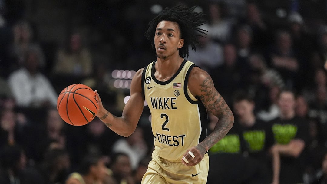 Feb 14, 2026; Winston-Salem, North Carolina, USA; Wake Forest Demon Deacons forward Juke Harris (2) brings the ball up court during the first half against the Stanford Cardinal at Lawrence Joel Veterans Memorial Coliseum. Mandatory Credit: Jim Dedmon-Imagn Images
