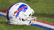 Sep 7, 2025; Orchard Park, New York, USA;  Detailed view of Buffalo Bills helmet on the field prior to the first quarter against the Baltimore Ravens at Highmark Stadium. Mandatory Credit: Gregory Fisher-Imagn Images