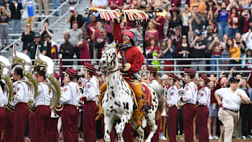 Chief Osceola and Renegade leading the Seminoles out on to the field to face the Florida Gators on November 24, 2018 at Doak Campbell Stadium.Fsv Fsufootballvsuf Jg 11242018 1
