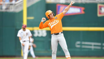 Tennessee's Billy Amick (11) celebrates hitting a double during a NCAA College World Series game between Tennessee and Florida State at Charles Schwab Field in Omaha, Neb., on Wednesday, June 19, 2024.