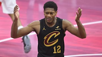 Oct 31, 2025; Cleveland, Ohio, USA; Cleveland Cavaliers forward De'Andre Hunter (12) reacts in the fourth quarter against the Toronto Raptors at Rocket Arena. Mandatory Credit: David Richard-Imagn Images