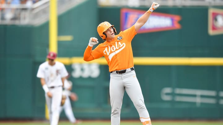 Tennessee's Billy Amick (11) celebrates hitting a double during a NCAA College World Series game between Tennessee and Florida State at Charles Schwab Field in Omaha, Neb., on Wednesday, June 19, 2024.