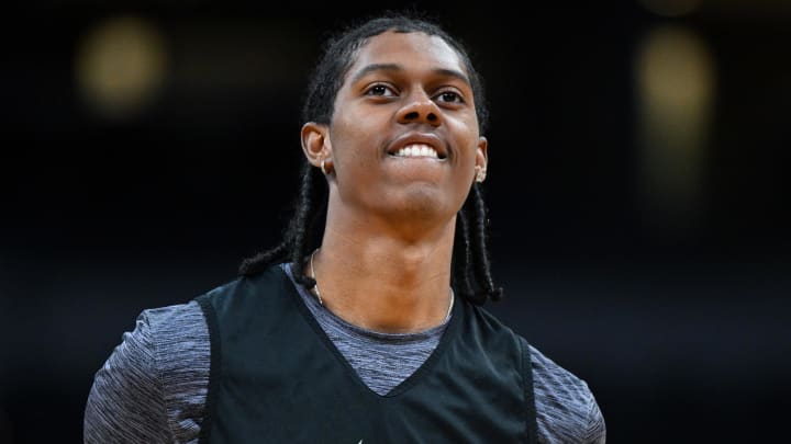 Mar 21, 2024; Indianapolis, IN, USA; Colorado Buffaloes forward Cody Williams (10) looks on during the NCAA tournament practice day at Gainbridge FieldHouse. Mandatory Credit: Robert Goddin-USA TODAY Sports