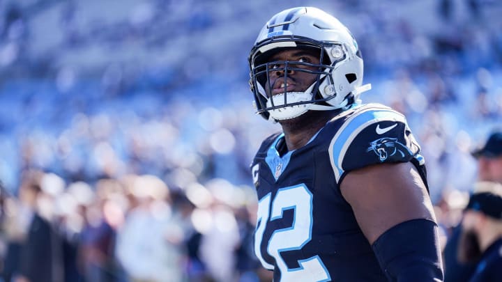 Nov 19, 2023; Charlotte, North Carolina, USA; Carolina Panthers offensive tackle Taylor Moton (72) during pregame warm ups against the Dallas Cowboys at Bank of America Stadium.