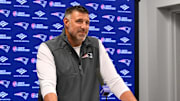 May 9, 2025; Foxborough, MA, USA;  New England Patriots head coach Mike Vrabel speaks the to media during a press conference at Gillette Stadium. Mandatory Credit: Eric Canha-Imagn Images
