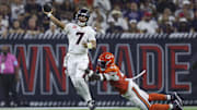 Stroud attempts a pass as Chicago Bears defensive end Darrell Taylor defends during the second quarter at NRG Stadium.