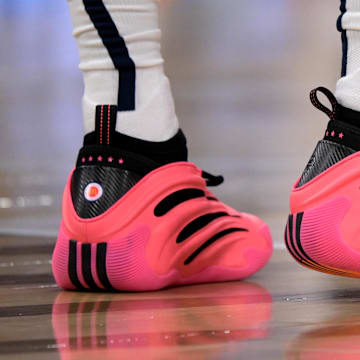 Mar 21, 2025; Inglewood, California, USA; Detailed view of the basketball sneakers worn by Los Angeles Clippers guard James Harden (1) against the Memphis Grizzlies at Intuit Dome.