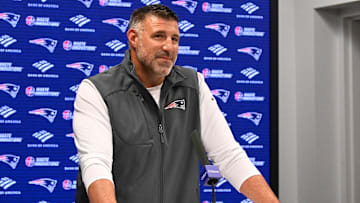 May 9, 2025; Foxborough, MA, USA;  New England Patriots head coach Mike Vrabel speaks to the media during a press conference at Gillette Stadium.