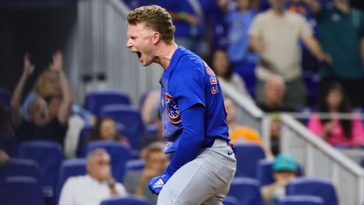 Cubs outfielder Pete Crow-Armstrong reacts after hitting an inside-the-park home run against the Miami Marlins at loanDepot Park.