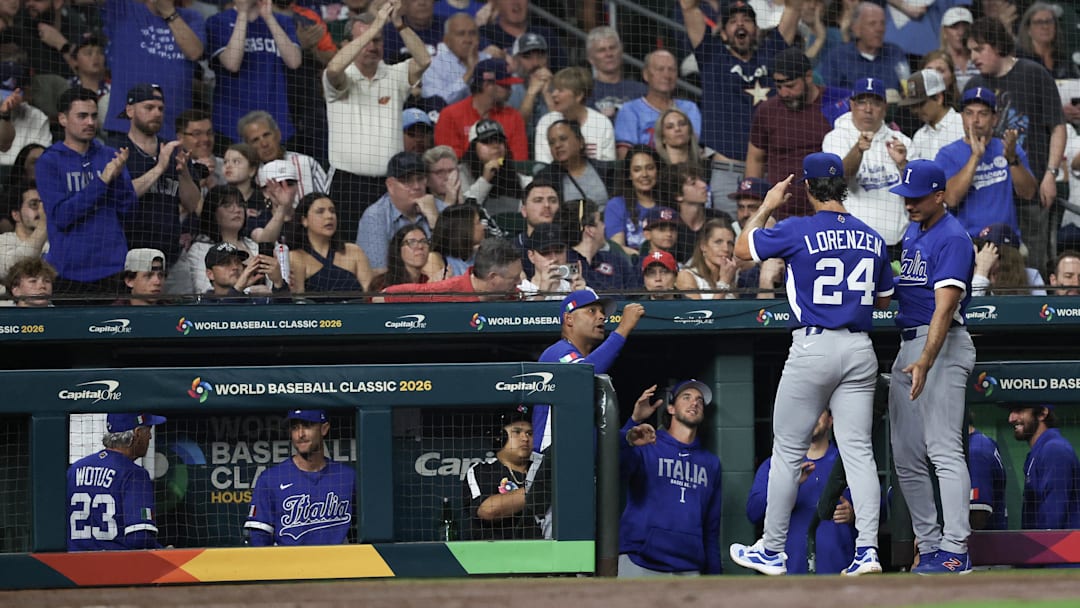 Mar 10, 2026; Houston, TX, United States;  Italy starting pitcher Michael Lorenzen (24) is taken out of the game against the United States in the fifth inning at Daikin Park. Mandatory Credit: Thomas Shea-Imagn Images