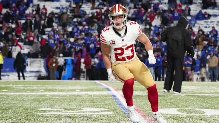 San Francisco 49ers running back Christian McCaffrey warms up prior to the game against the Buffalo Bills.
