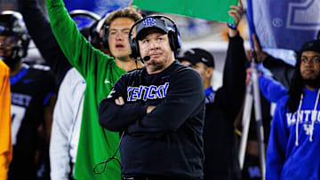 Oct 25, 2025; Lexington, Kentucky, USA; Kentucky Wildcats head coach Mark Stoops looks on during the third quarter against the Tennessee Volunteers at Kroger Field. Mandatory Credit: Jordan Prather-Imagn Images