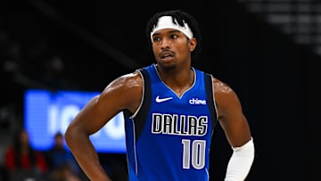 Oct 14, 2024; Inglewood, California, USA; Dallas Mavericks guard Brandon Williams (10) reacts against the LA Clippers during the second half at Intuit Dome. Mandatory Credit: Jonathan Hui-Imagn Images