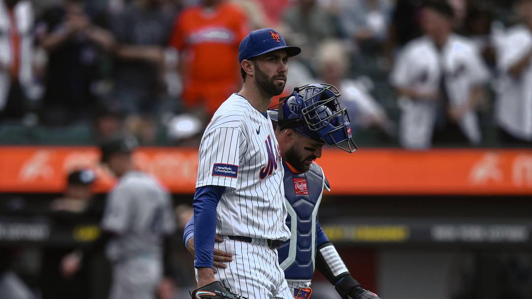May 31, 2026; New York City, New York, USA; New York Mets catcher Luis Torrens (13) greets pitcher David Peterson (23) after winning against the Miami Marlins at Citi Field. Mandatory Credit: John Jones-Imagn Images