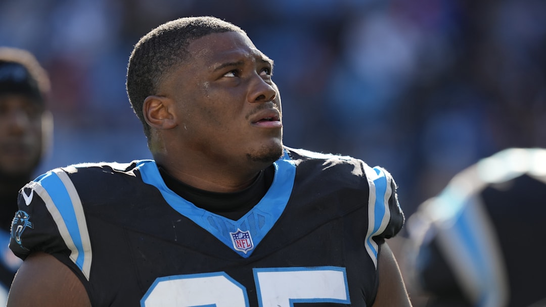 Jan 7, 2024; Charlotte, North Carolina, USA; Carolina Panthers defensive tackle Derrick Brown (95) during the second quarter against the Tampa Bay Buccaneers at Bank of America Stadium.