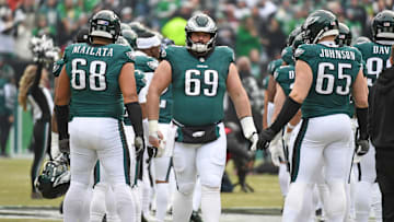 Philadelphia Eagles guard Landon Dickerson (69) during the player introductions against the Washington Commanders in the NFC Championship game at Lincoln Financial Field.