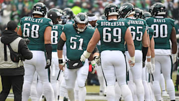Jan 26, 2025; Philadelphia, PA, USA; Philadelphia Eagles center Cam Jurgens (51) during the player introductions against the Washington Commanders in the NFC Championship game at Lincoln Financial Field. Mandatory Credit: Eric Hartline-Imagn Images