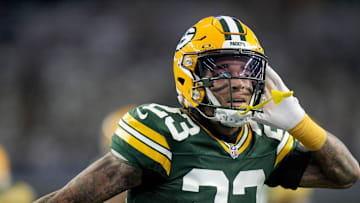 Green Bay Packers cornerback Jaire Alexander (23) reacts after intercepting a pass during the first quarter of the wild card playoff game against the Dallas Cowboys Sunday, January 14, 2024 at AT&T Stadium in Arlington, Texas.