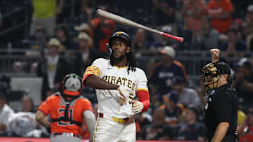 Pittsburgh, Pennsylvania, USA; Pittsburgh Pirates center fielder Oneil Cruz (15) reacts after striking out with two men on against the Houston Astros during the seventh inning at PNC Park.