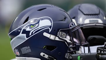 Aug 23, 2025; Green Bay, Wisconsin, USA; General view of a Seattle Seahawks helmet prior to the game against the Green Bay Packers at Lambeau Field.