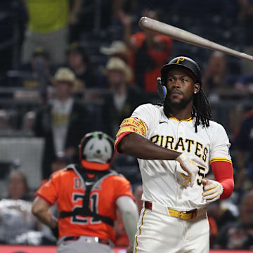 Pittsburgh, Pennsylvania, USA; Pittsburgh Pirates center fielder Oneil Cruz (15) reacts after striking out with two men on against the Houston Astros during the seventh inning at PNC Park.