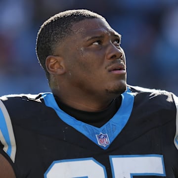 Jan 7, 2024; Charlotte, North Carolina, USA; Carolina Panthers defensive tackle Derrick Brown (95) during the second quarter against the Tampa Bay Buccaneers at Bank of America Stadium.