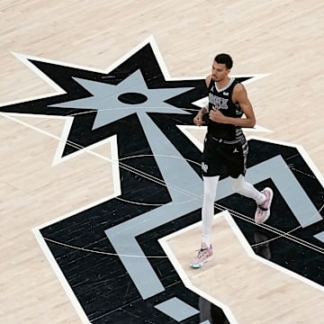 Mar 17, 2024; Austin, Texas, USA; San Antonio Spurs forward Victor Wembanyama (1) runs down court during the second half against the Brooklyn Nets at Moody Center.