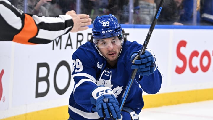 Apr 1, 2024; Toronto, Ontario, CAN; Toronto Maple Leafs forward Nick Robertson (89) celebrates after scoring a goal against the Florida Panthers in the first period at Scotiabank Arena. Mandatory Credit: Dan Hamilton-USA TODAY Sports