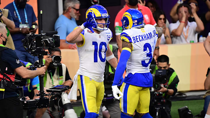 Feb 13, 2022; Inglewood, California, USA; Los Angeles Rams receiver Cooper Kupp (10) celebrates a touchdown reception with Odell Beckham Jr. (3) against the Cincinnati Bengals in Super Bowl LVI at SoFi Stadium. Mandatory Credit: Gary A. Vasquez-Imagn Images