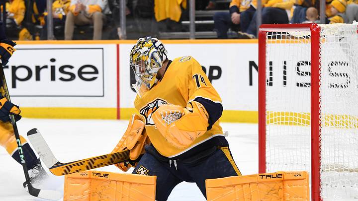 Jan 2, 2024; Nashville, Tennessee, USA; Nashville Predators goaltender Juuse Saros (74) makes a save