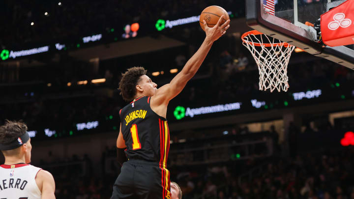 Apr 9, 2024; Atlanta, Georgia, USA; Atlanta Hawks forward Jalen Johnson (1) shoots against the Miami Heat in the second half at State Farm Arena. Mandatory Credit: Brett Davis-USA TODAY Sports
