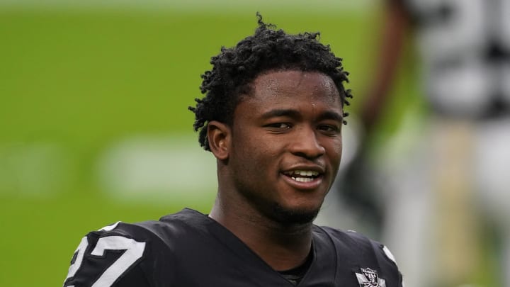 Nov 15, 2020; Paradise, Nevada, USA; Las Vegas Raiders cornerback Trayvon Mullen (27) prior to a game against the Denver Broncos at Allegiant Stadium. Mandatory Credit: Kirby Lee-USA TODAY Sports