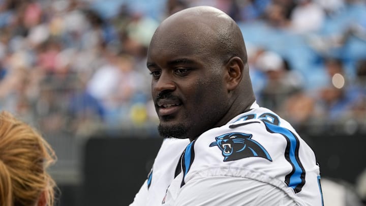 Aug 12, 2023; Charlotte, North Carolina, USA; Carolina Panthers offensive tackle Taylor Moton (72) during the second half against the New York Jets at Bank of America Stadium.