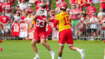Jul 22, 2025; St. Joseph, MO, USA; Kansas City Chiefs quarterback Patrick Mahomes (15) passes to tight end Noah Gray (83) during training camp at Missouri Western State University. Mandatory Credit: Denny Medley-Imagn Images