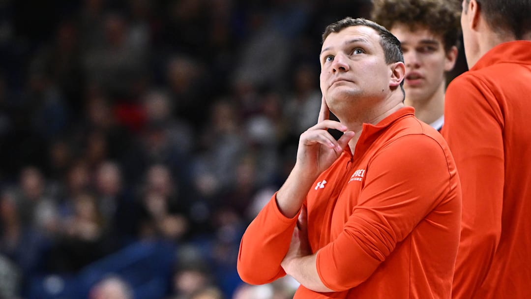 Dec 17, 2025; Spokane, Washington, USA; Campbell Fighting Camels head coach John Andrzejek looks up at the video board during a game against the Gonzaga Bulldogs in the second half at McCarthey Athletic Center. Gonzaga Bulldogs won 98-70. Mandatory Credit: James Snook-Imagn Images