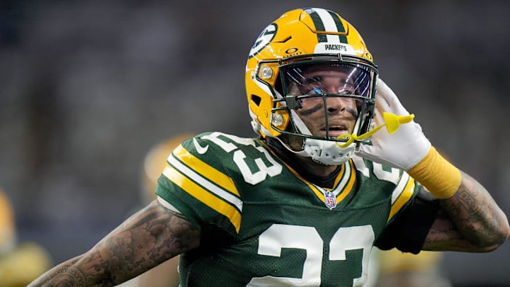 Green Bay Packers cornerback Jaire Alexander (23) reacts after intercepting a pass during the first quarter of the wild card playoff game against the Dallas Cowboys Sunday, January 14, 2024 at AT&T Stadium in Arlington, Texas.