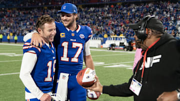 Buffalo Bills place kicker Matt Prater is presented with the Sunday Night Football game ball along with Josh Allen.