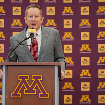 New Gophers men's basketball coach Niko Medved speaks at his introductory press conference on Tuesday, March 25, 2025, at Athletes Village in Minneapolis.