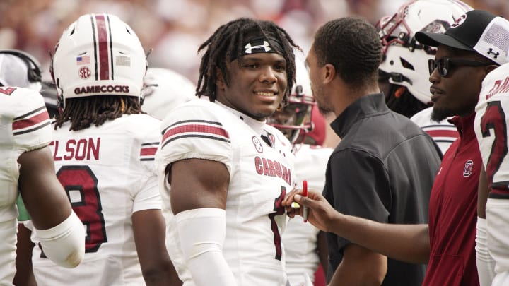 Oct 28, 2023; College Station, Texas, USA; South Carolina Gamecocks defensive back DQ Smith (1) looks on during the second half in a game against Texas A&M Aggies at Kyle Field. Mandatory Credit: Dustin Safranek-USA TODAY Sports