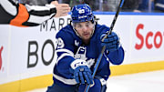 Apr 1, 2024; Toronto, Ontario, CAN; Toronto Maple Leafs forward Nick Robertson (89) celebrates after scoring a goal against the Florida Panthers in the first period at Scotiabank Arena. Mandatory Credit: Dan Hamilton-Imagn Images