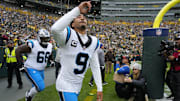 Nov 2, 2025; Green Bay, Wisconsin, USA; Carolina Panthers quarterback Bryce Young (9) takes the field before a game against the Green Bay Packers at Lambeau Field.
