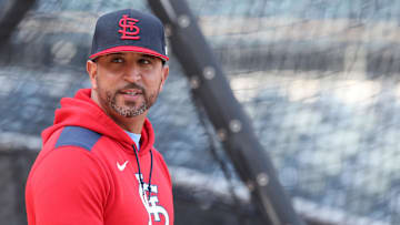Apr 7, 2025; Pittsburgh, Pennsylvania, USA;  St. Louis Cardinals manager Oliver Marmol (37) looks on at the batting cage before the game against the Pittsburgh Pirates at PNC Park. 