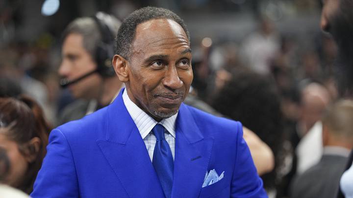Jun 5, 2026; San Antonio, Texas, USA; Stephen A. Smith looks on before the game between the San Antonio Spurs and the New York Knicks in game two of the 2026 NBA Finals at Frost Bank Center. Mandatory Credit: Scott Wachter-Imagn Images