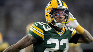 Green Bay Packers cornerback Jaire Alexander (23) reacts after intercepting a pass during the first quarter of the wild card playoff game against the Dallas Cowboys Sunday, January 14, 2024 at AT&T Stadium in Arlington, Texas.