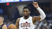 Cleveland Cavaliers guard Donovan Mitchell reacts to a play.
