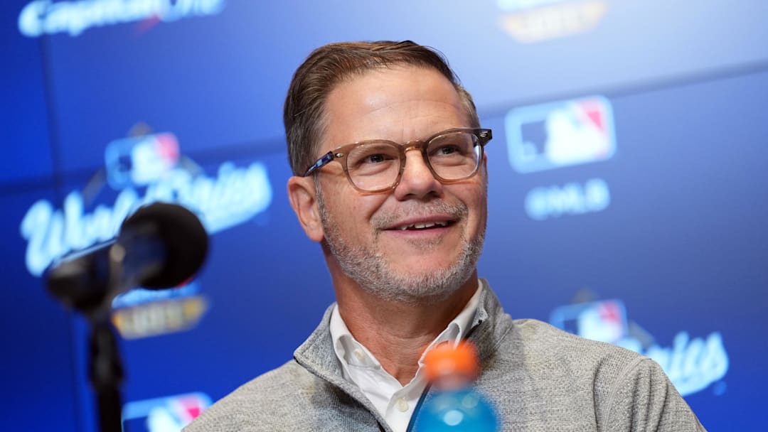 Oct 24, 2025; Toronto, Ontario, CAN; Toronto Blue Jays executive vice president and general manager Ross Atkins speaks to the media before game one of the 2025 MLB World Series against the Los Angeles Dodgers at Rogers Centre. 