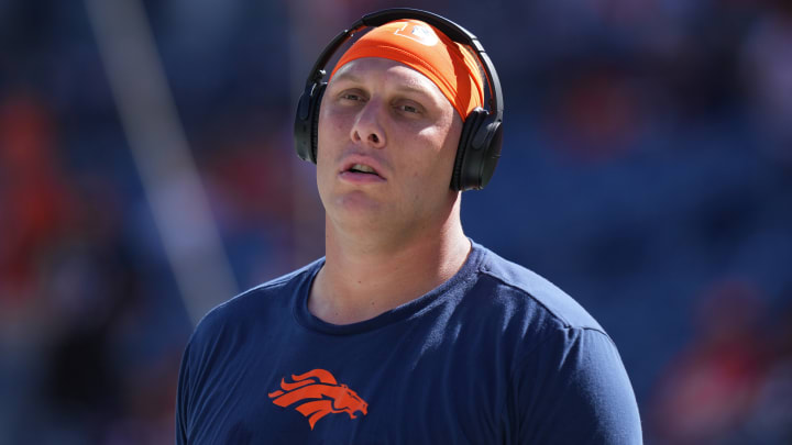 Oct 8, 2023; Denver, Colorado, USA; Denver Broncos offensive tackle Garett Bolles (72) before game New York Jets at Empower Field at Mile High. 