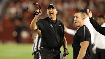 Oct 19, 2024; Ames, Iowa, USA; Iowa State Cyclones head coach Matt Campbell talks to the officials during their game with the UCF Knights at Jack Trice Stadium. The Cyclones beat the Knights 38 to 35.  Mandatory Credit: Reese Strickland-Imagn Images
