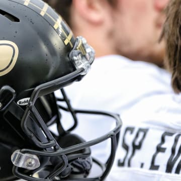 Close up view of a Purdue Boilermakers helmet