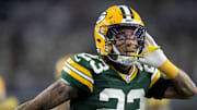 Former Green Bay Packers cornerback Jaire Alexander reacts after intercepting a pass at Dallas in the 2023 playoffs.